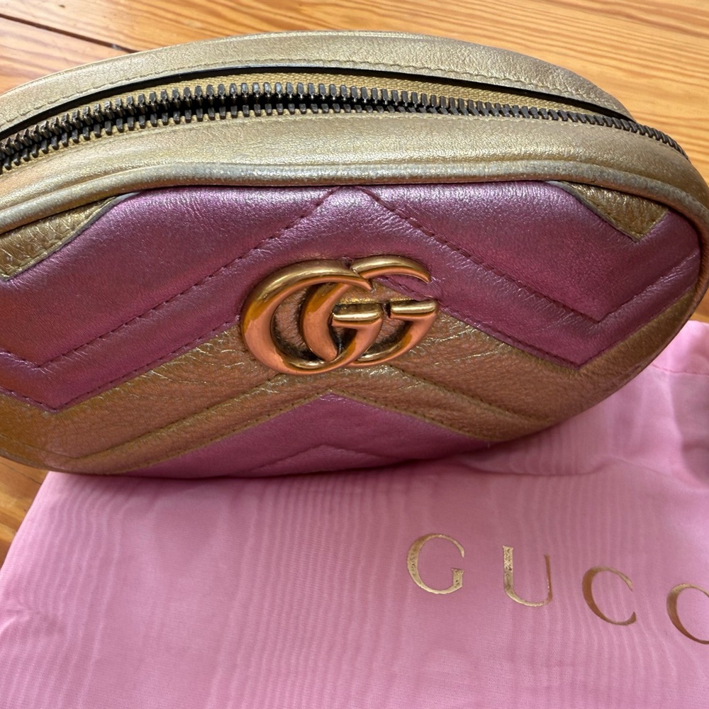 GUCCI Pink and Gold GG Marmont Chevron Leather Fanny bum bag